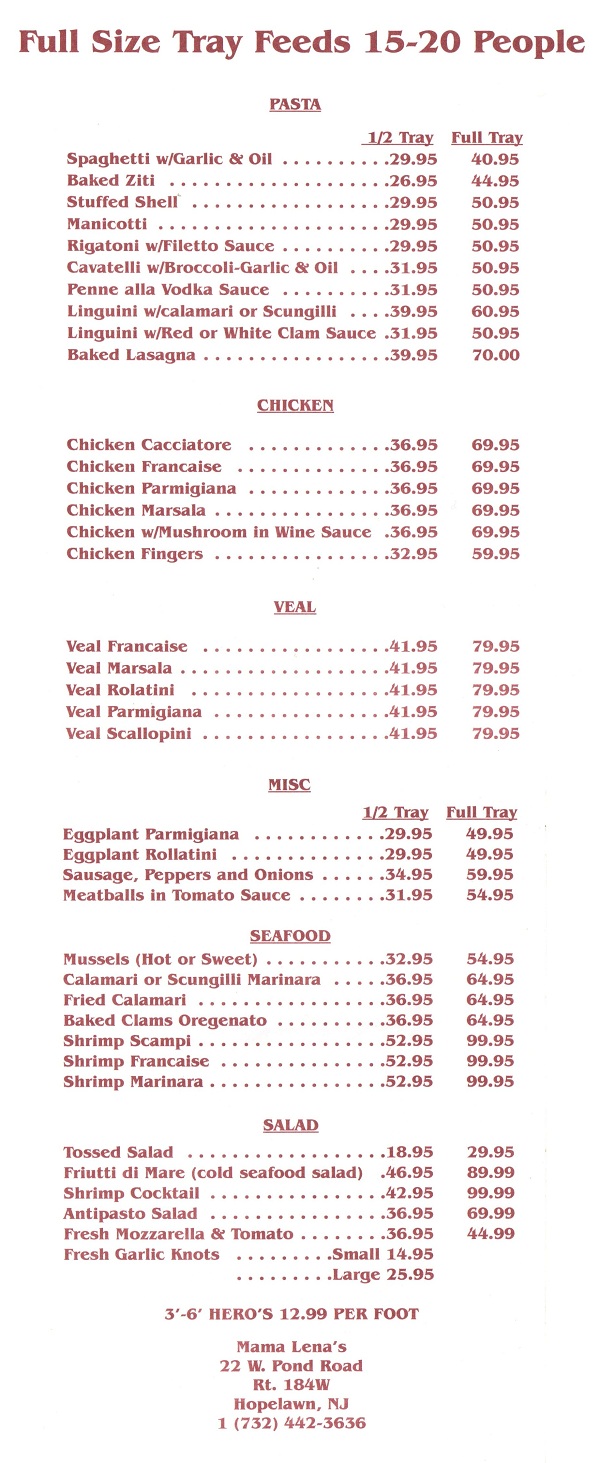 Mama Lena's  Catering Menu